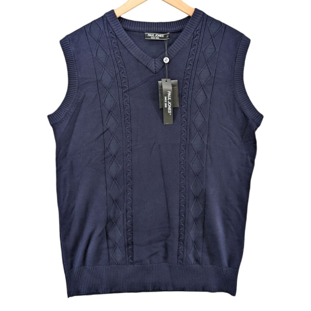 PJ Paul Jones Sweater Vest Mens Navy Blue Knit V Neck Sleeveless Pullover Size L
